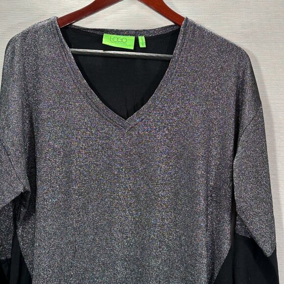 LOGO Lori Goldstein Womens Medium Tunic Top Black Silver Metallic Sparkle - Picture 2 of 7